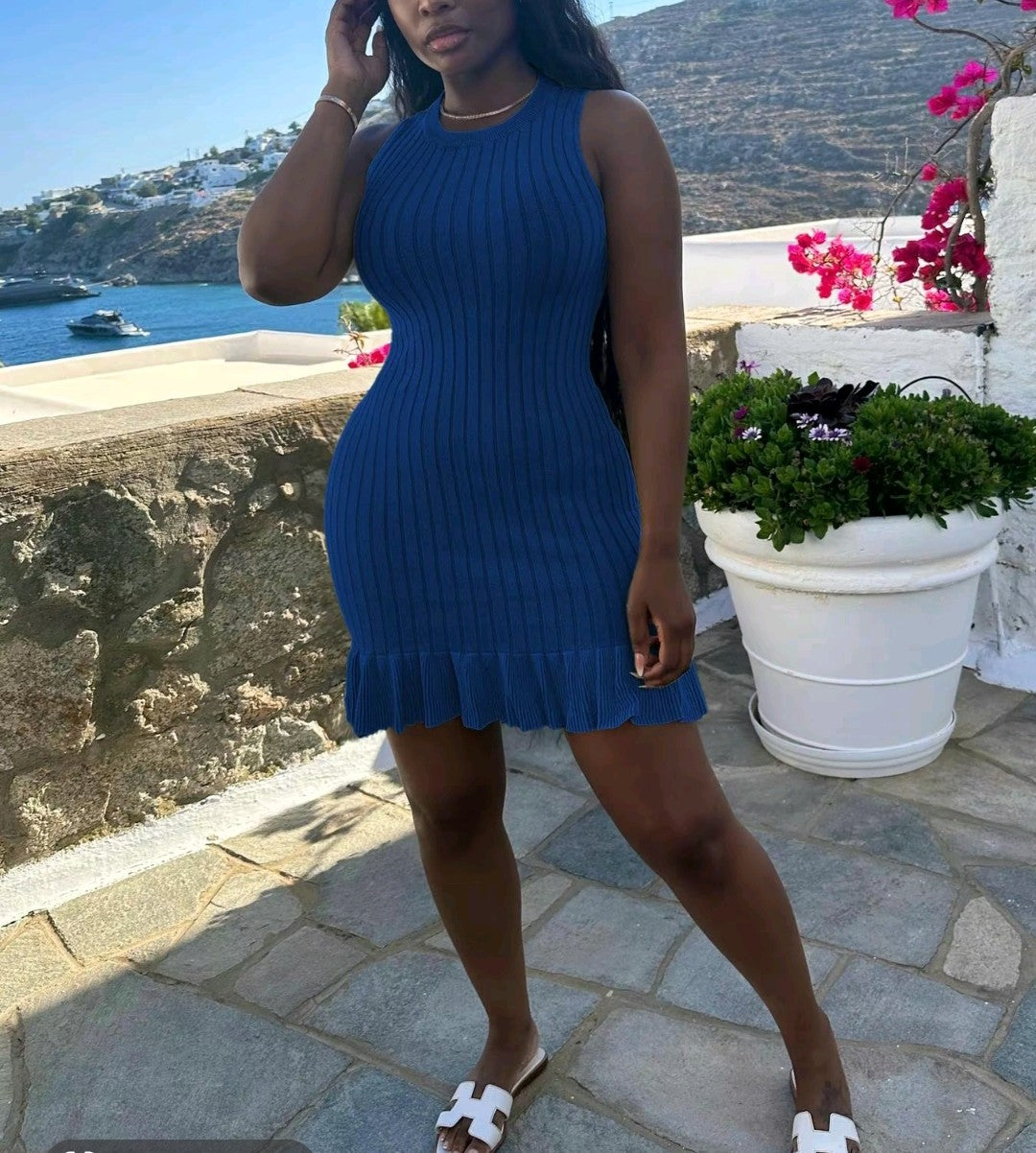 Plain Ruffle Ribbed Dress