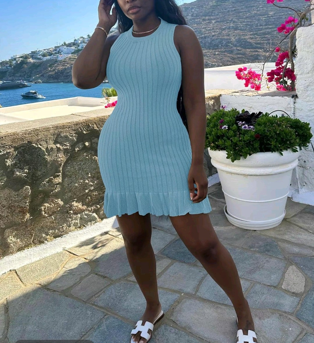 Plain Ruffle Ribbed Dress