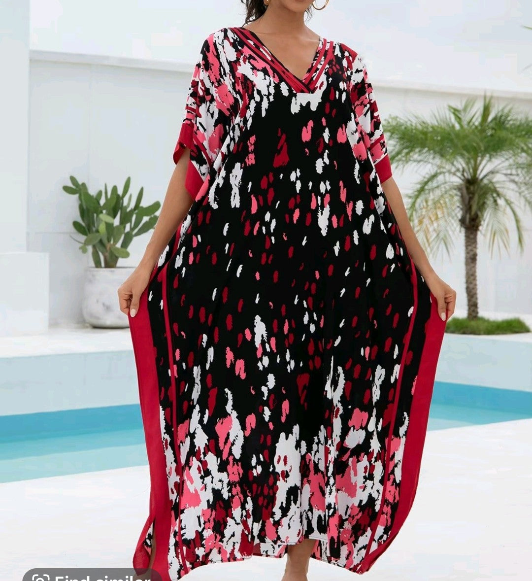 Trim Leopard/Striped Batwing Sleeve V-Neck Dress