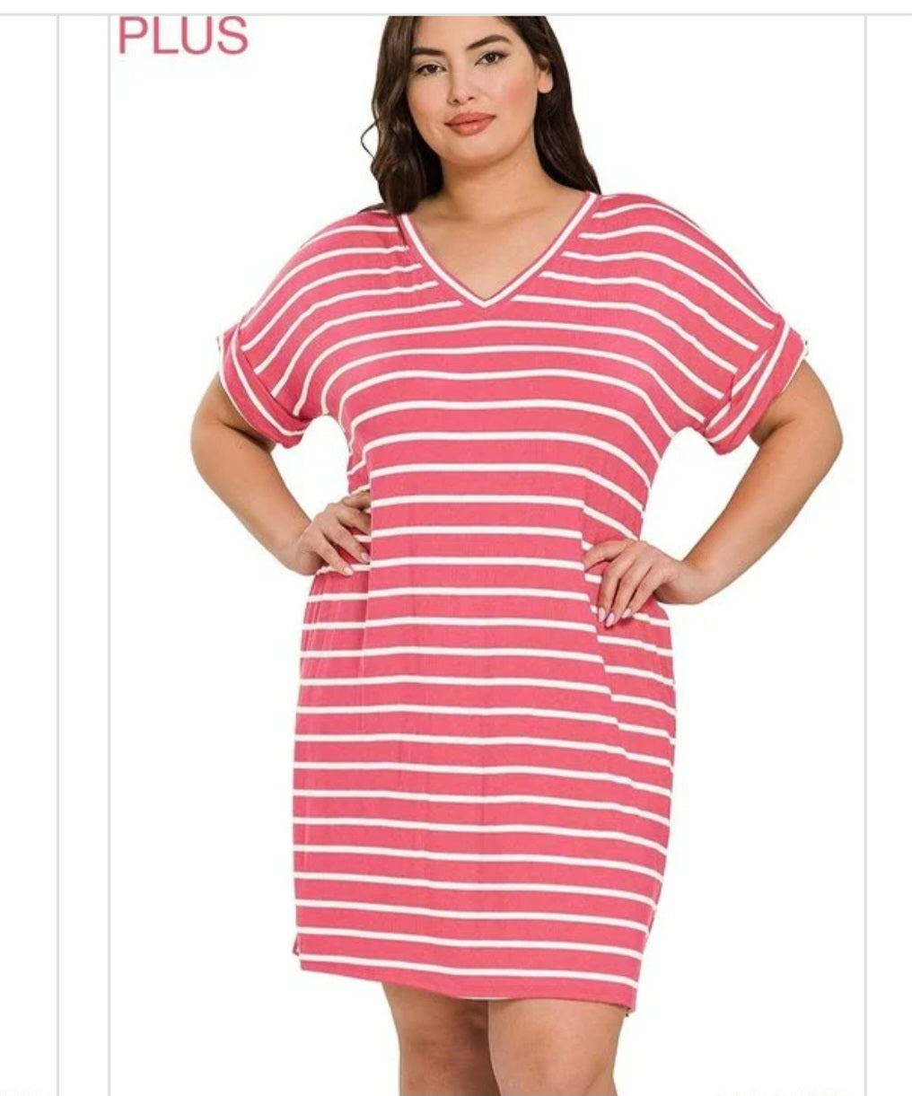 Plus Stripe Short Sleeve V-Neck Tee Shirt Dress