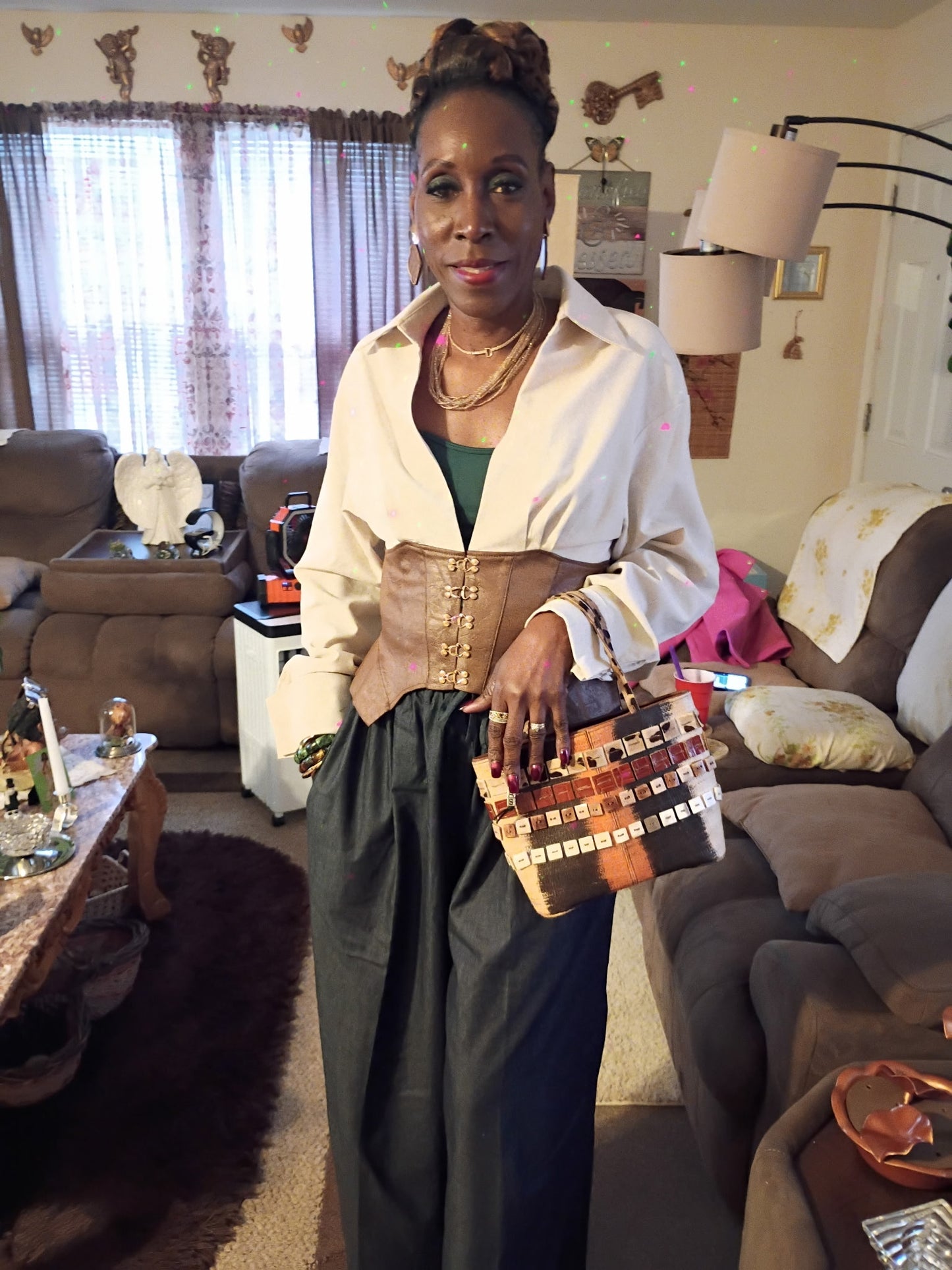 Faux Leather Ruched Patchwork Trousers