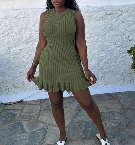 Plain Ruffle Ribbed Dress
